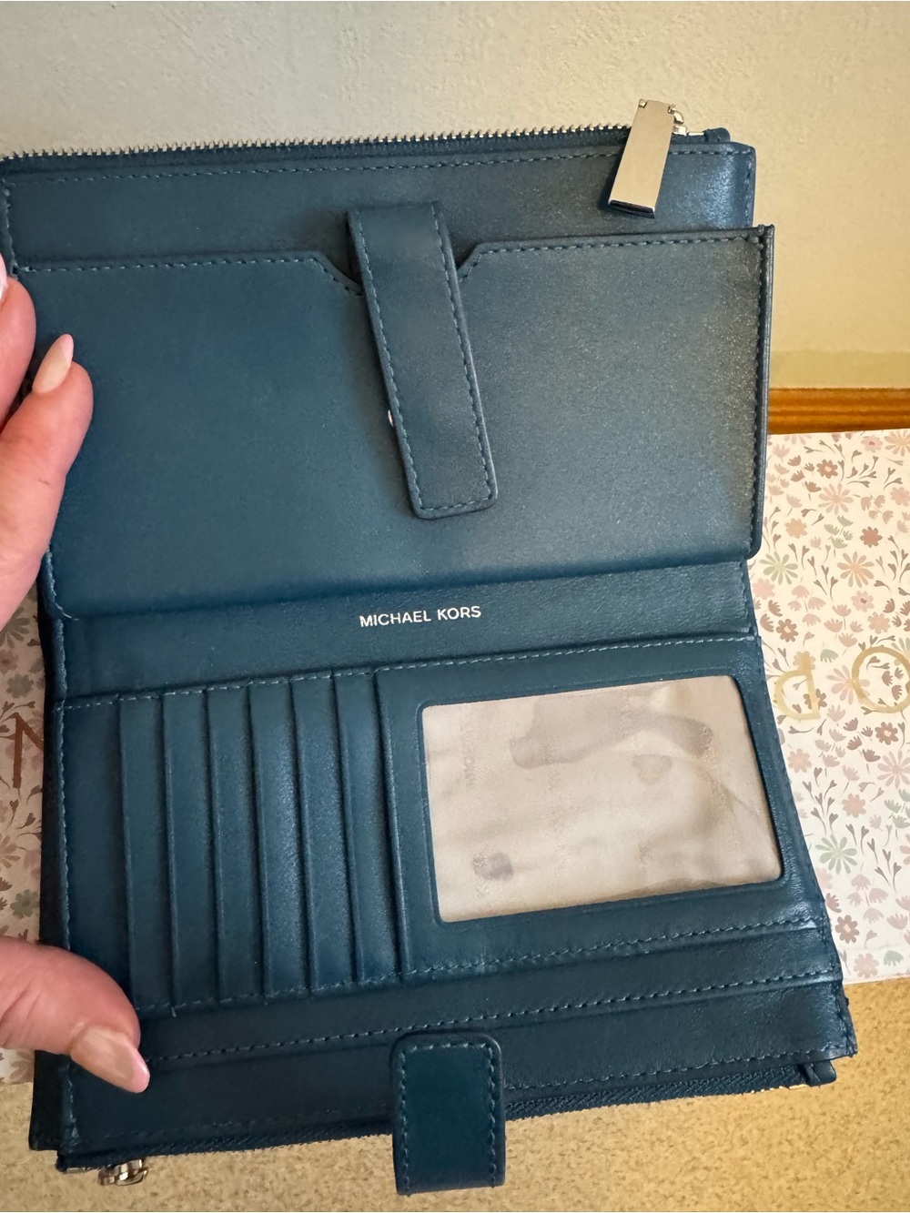 Michael Kors Teal Patchwork Suede and Embossed Leather Wristlet - Picture 3 of 3